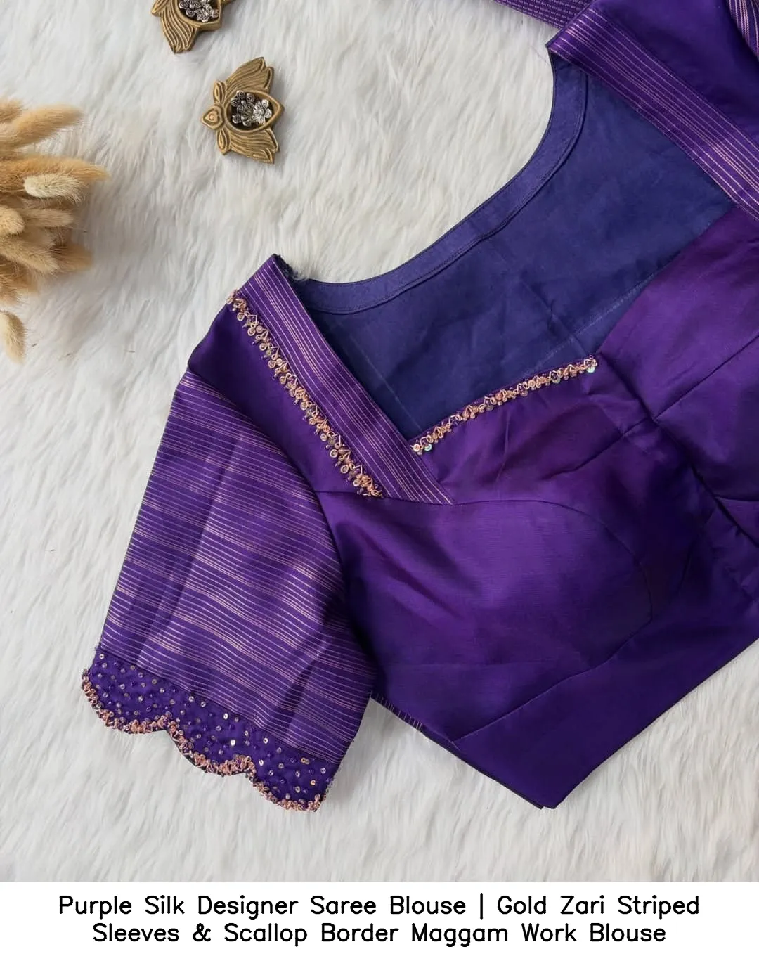 Purple Silk Designer Saree Blouse | Gold Zari Striped Sleeves & Scallop Border Maggam Work Blouse 3