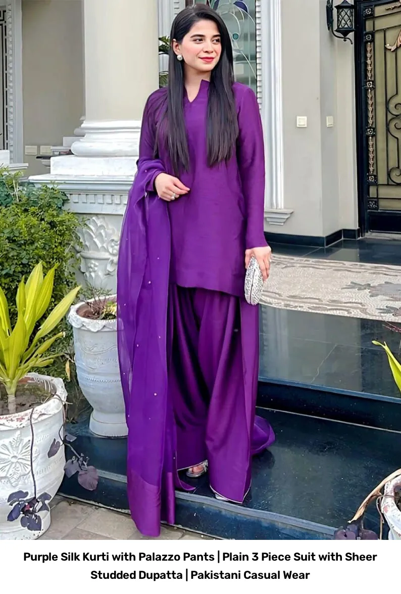 Purple Silk Kurti with Palazzo Pants | Plain 3 Piece Suit with Sheer Studded Dupatta | Pakistani Casual Wear 2