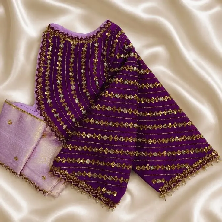 Purple Silk Maggam Work Blouse | Heavy Gold Sequin & Mirror Stripe Sleeves with Pearl Drop Hangings Saree Blouse 1
