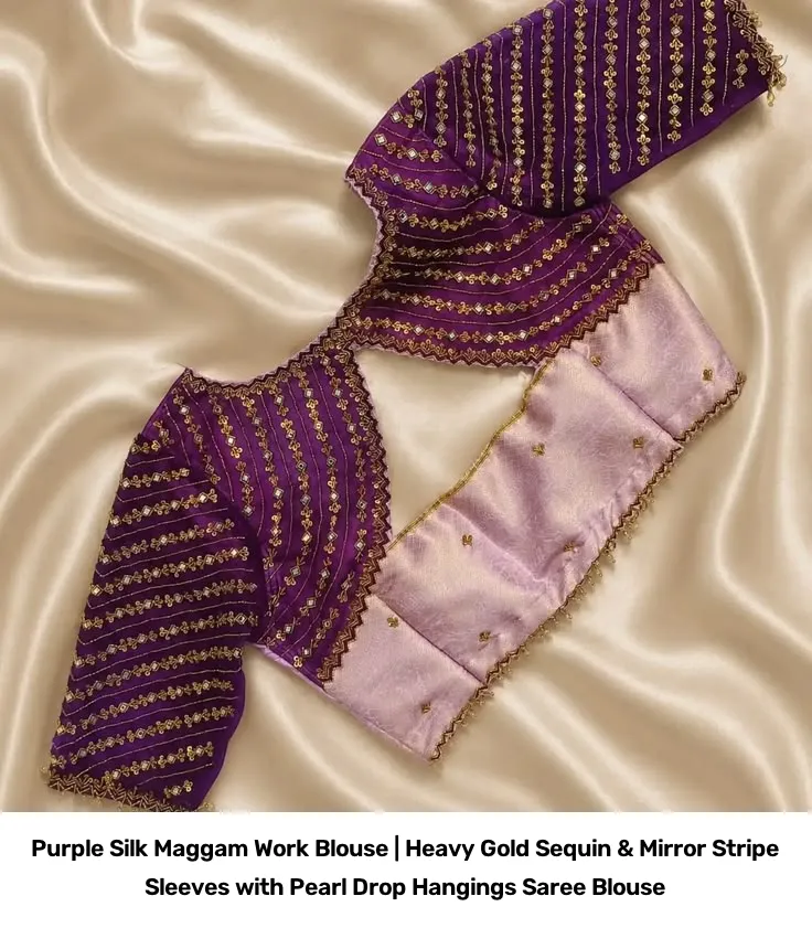 Purple Silk Maggam Work Blouse | Heavy Gold Sequin & Mirror Stripe Sleeves with Pearl Drop Hangings Saree Blouse 2