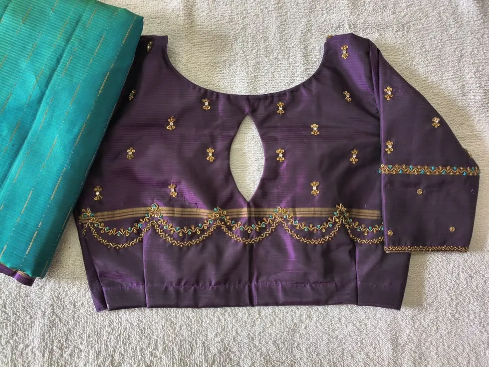 Purple Silk Maggam Work Blouse with Scallop Border | Keyhole Back Neck Hand Embroidered Saree Blouse (Customizable)