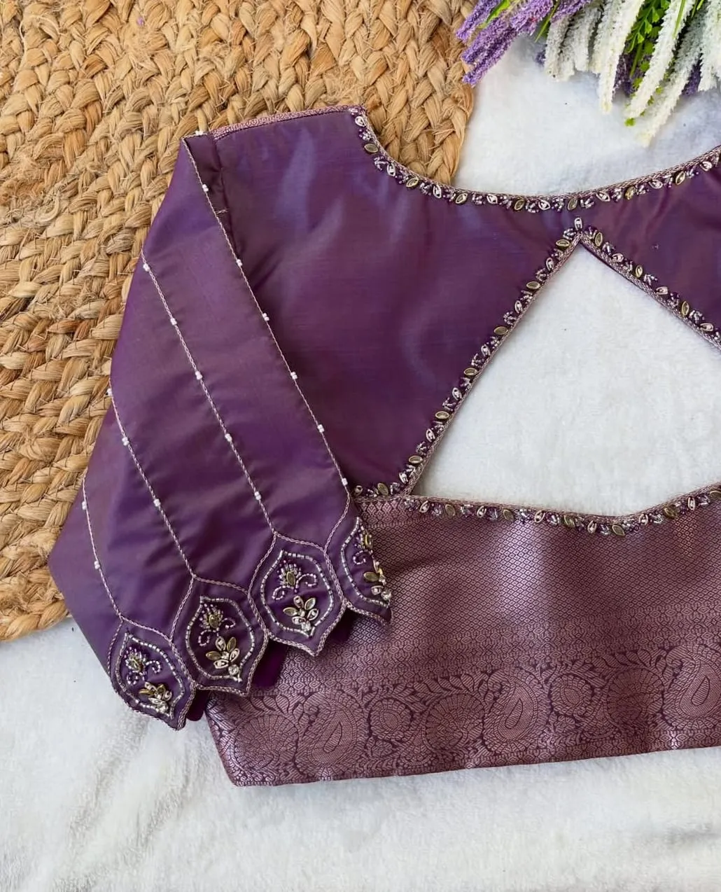 Purple Silk Saree Blouse, Hand Embroidered Beadwork Cutout Back Choli, Pointed Scallop Sleeve Blouse for Pattu Sarees, Custom Stitched Blouse