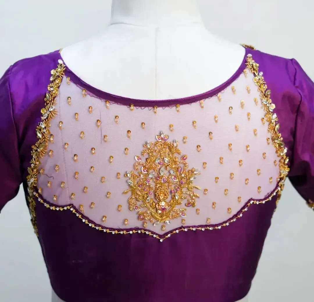 Purple Silk Saree Blouse with Sheer Net Back & Gold Zardosi Medallion Embroidery