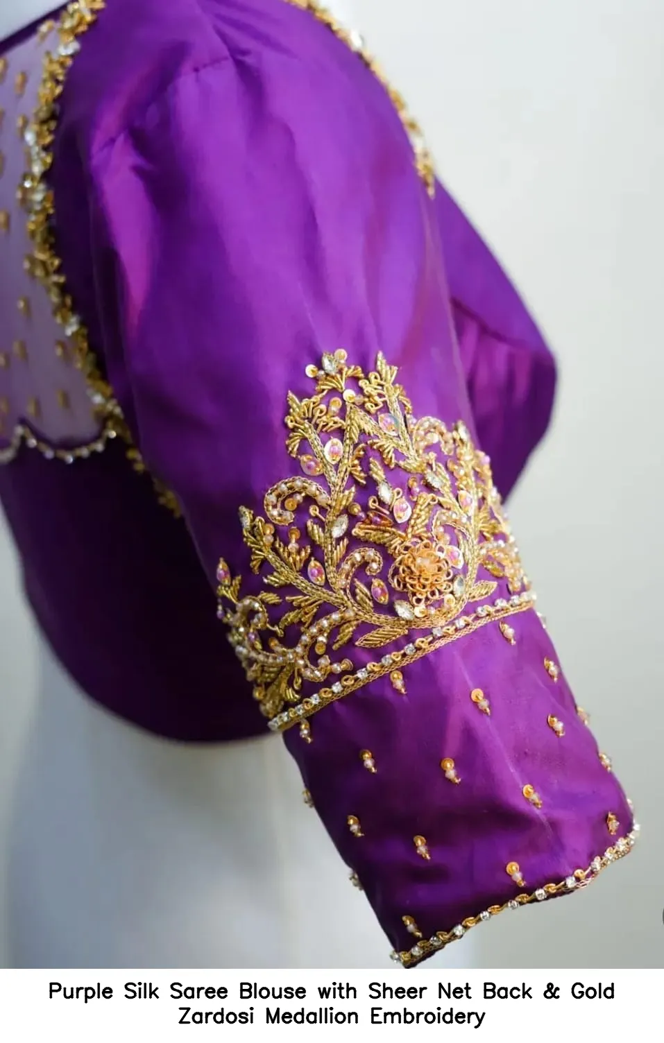 Purple Silk Saree Blouse with Sheer Net Back & Gold Zardosi Medallion Embroidery 2