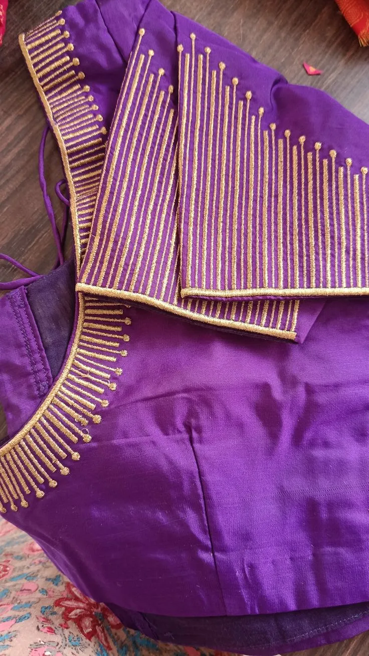 Purple Zari Work Readymade Saree Blouse | Modern Geometric Line Embroidery Silk Blouse 1