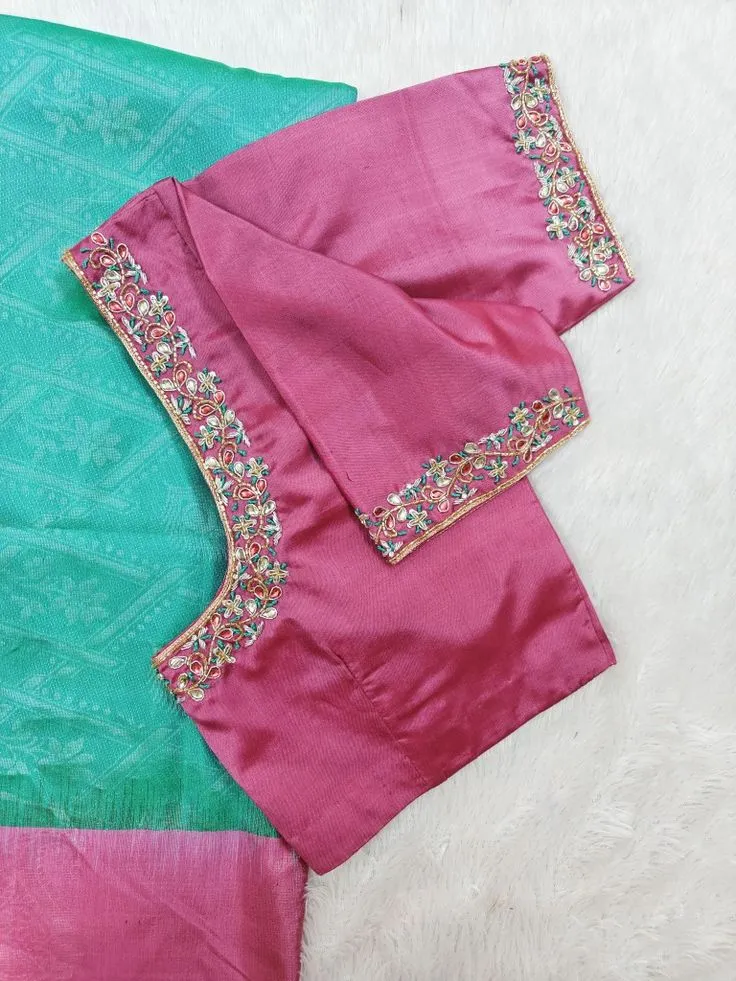 Rani Pink Aari Work Blouse | Handcrafted Floral Vine Thread & Kundan Silk Saree Blouse