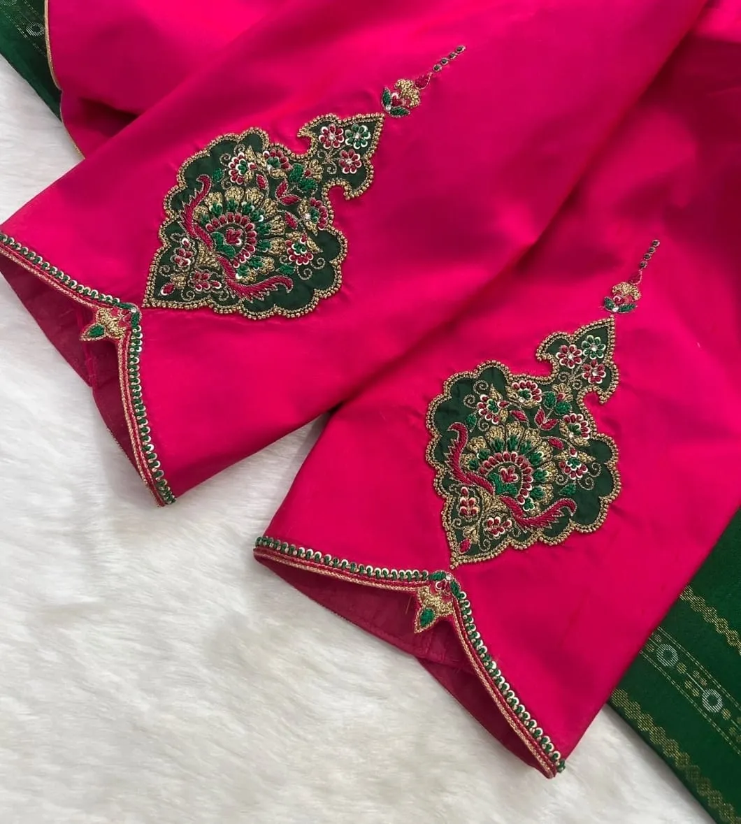 Rani Pink Bridal Aari Work Blouse | Handcrafted Green Patch Paisley Motif Silk Saree Blouse