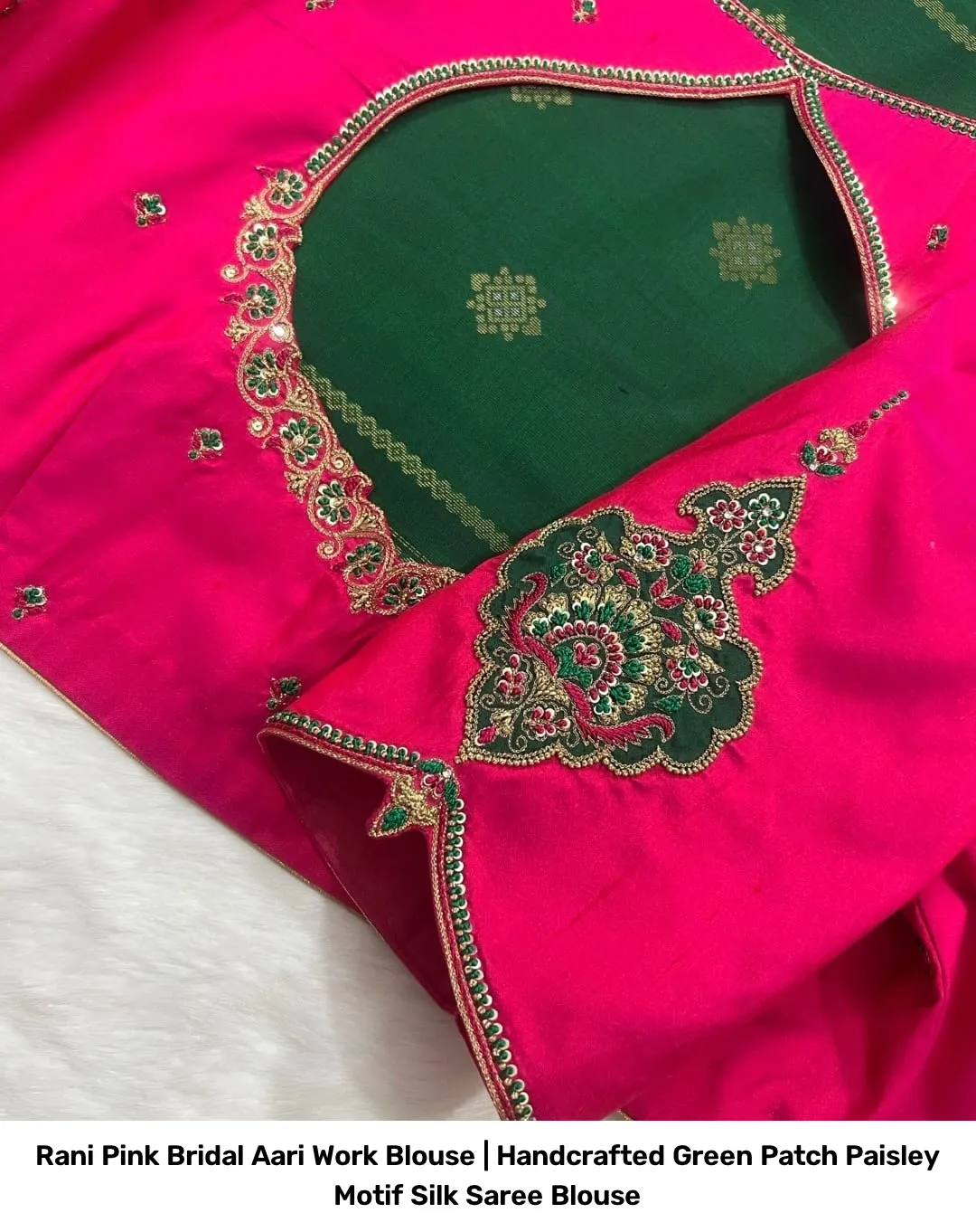 Rani Pink Bridal Aari Work Blouse | Handcrafted Green Patch Paisley Motif Silk Saree Blouse 2