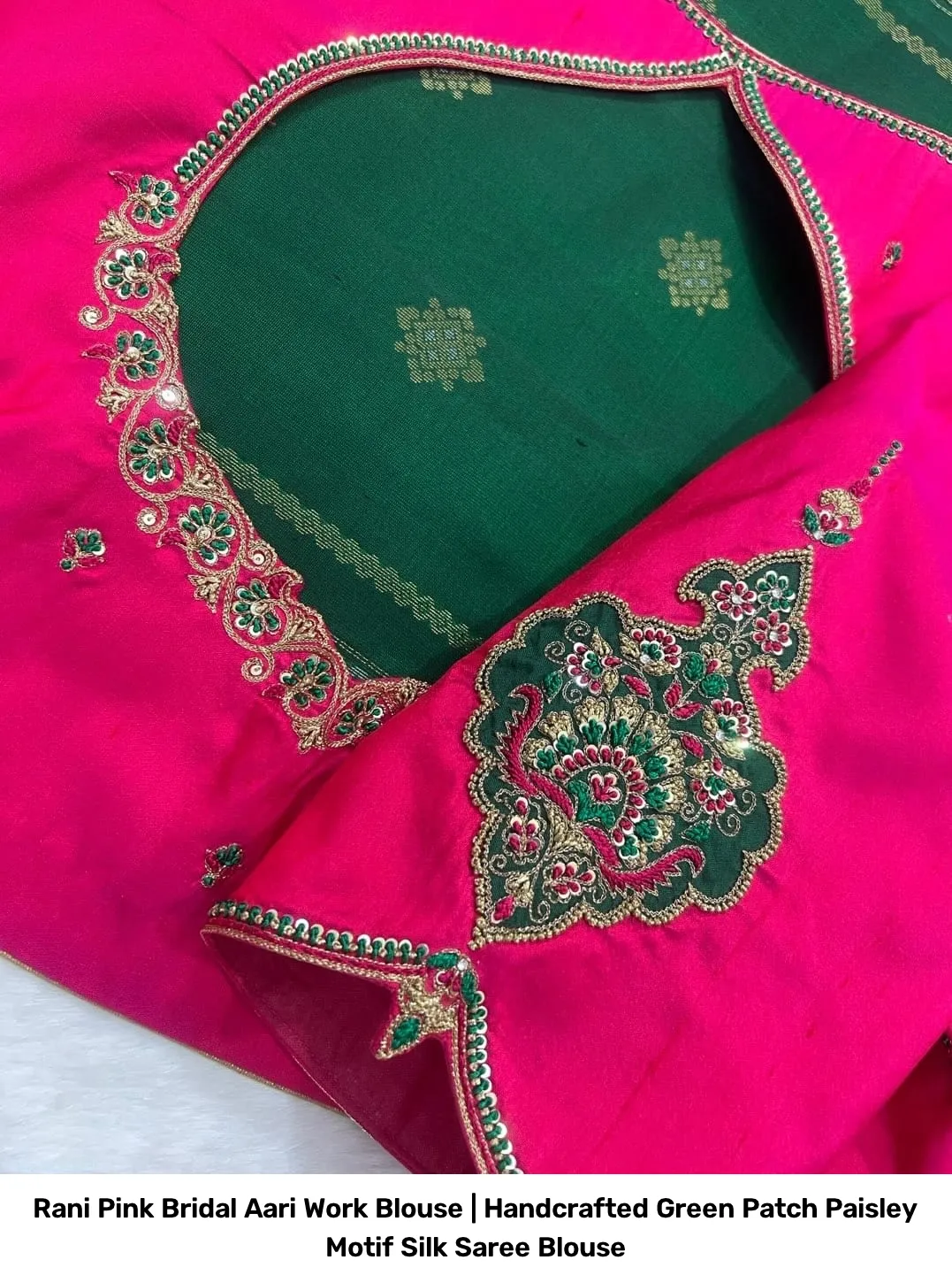 Rani Pink Bridal Aari Work Blouse | Handcrafted Green Patch Paisley Motif Silk Saree Blouse 3