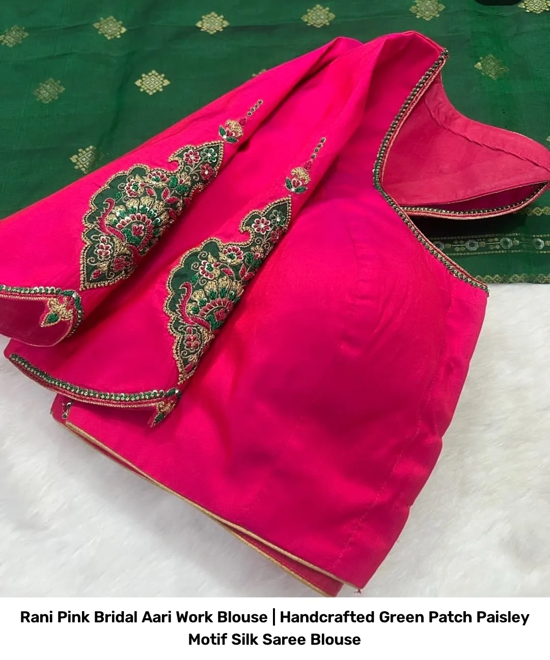 Rani Pink Bridal Aari Work Blouse | Handcrafted Green Patch Paisley Motif Silk Saree Blouse 4