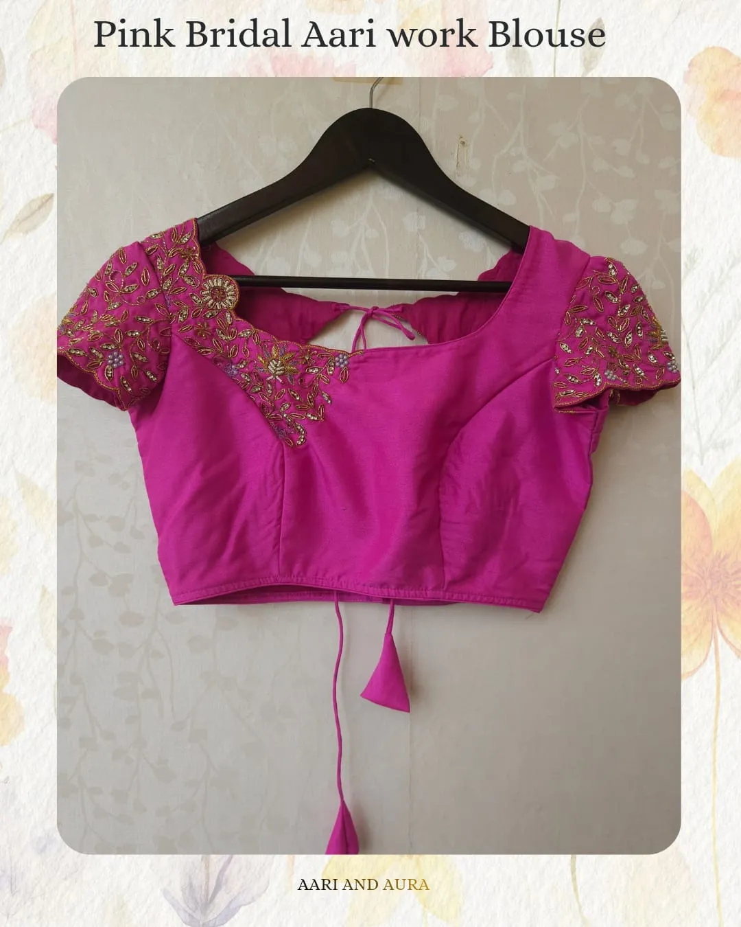 Rani Pink Bridal Aari Work Blouse | Handcrafted Zardosi Cutwork Back Open Readymade Saree Blouse 1