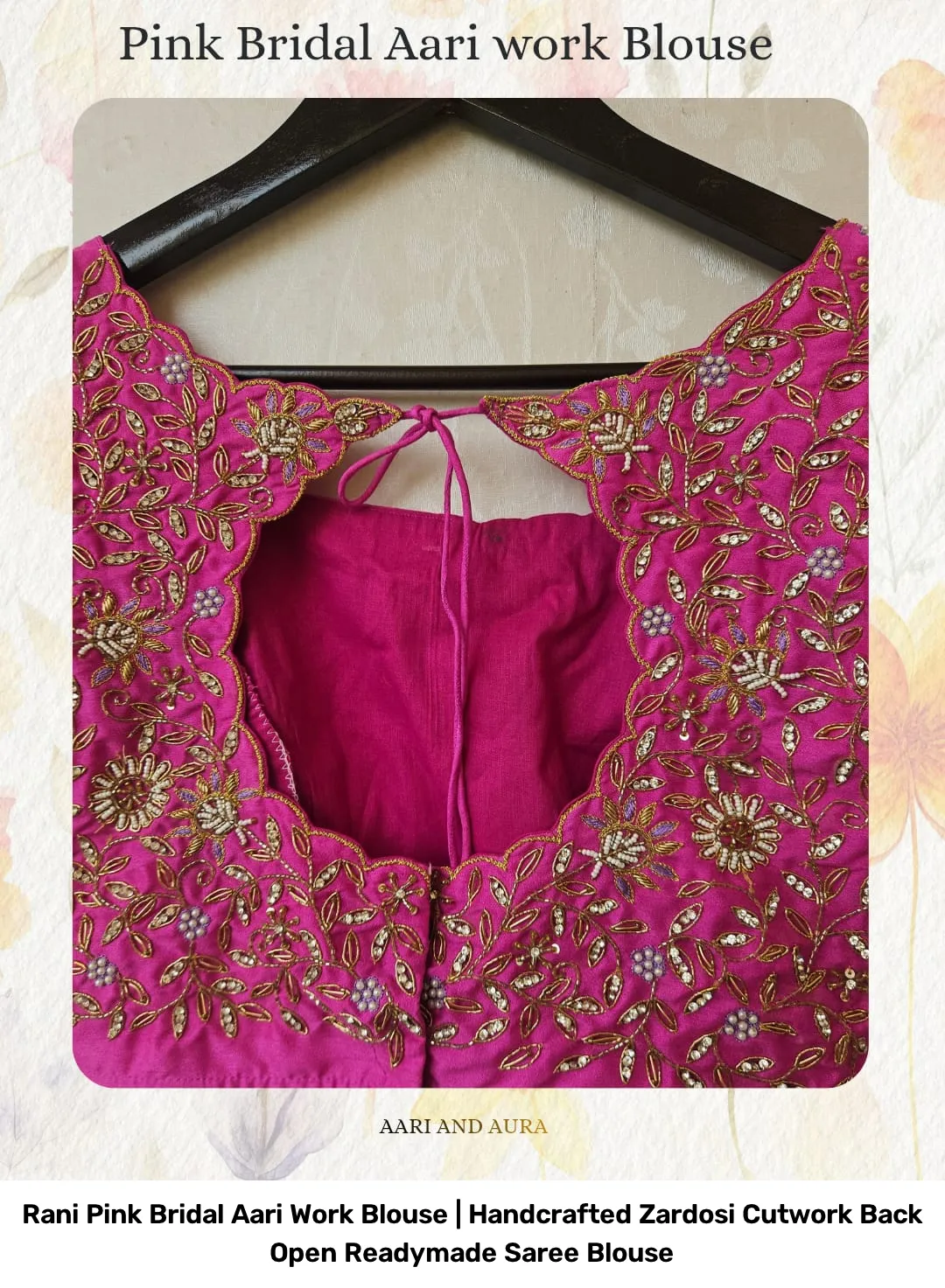 Rani Pink Bridal Aari Work Blouse | Handcrafted Zardosi Cutwork Back Open Readymade Saree Blouse 2