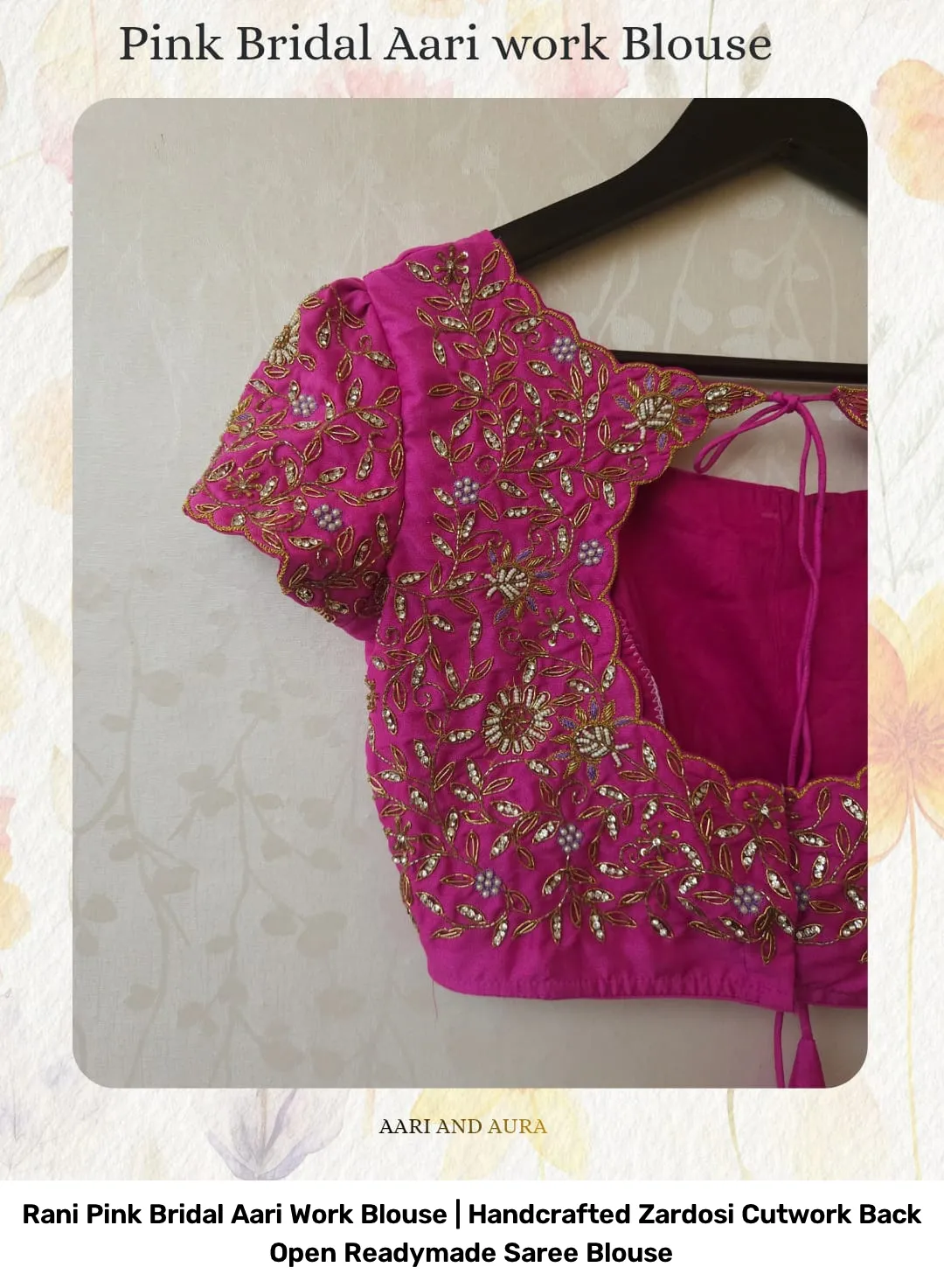 Rani Pink Bridal Aari Work Blouse | Handcrafted Zardosi Cutwork Back Open Readymade Saree Blouse 3