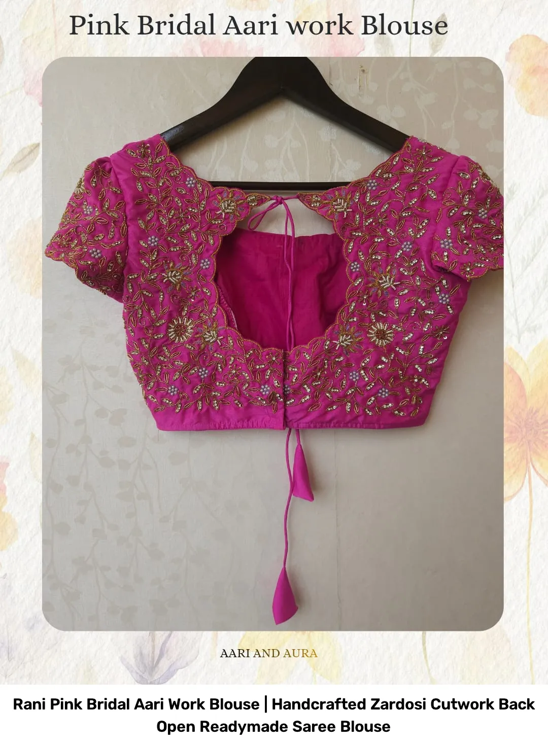 Rani Pink Bridal Aari Work Blouse | Handcrafted Zardosi Cutwork Back Open Readymade Saree Blouse 4