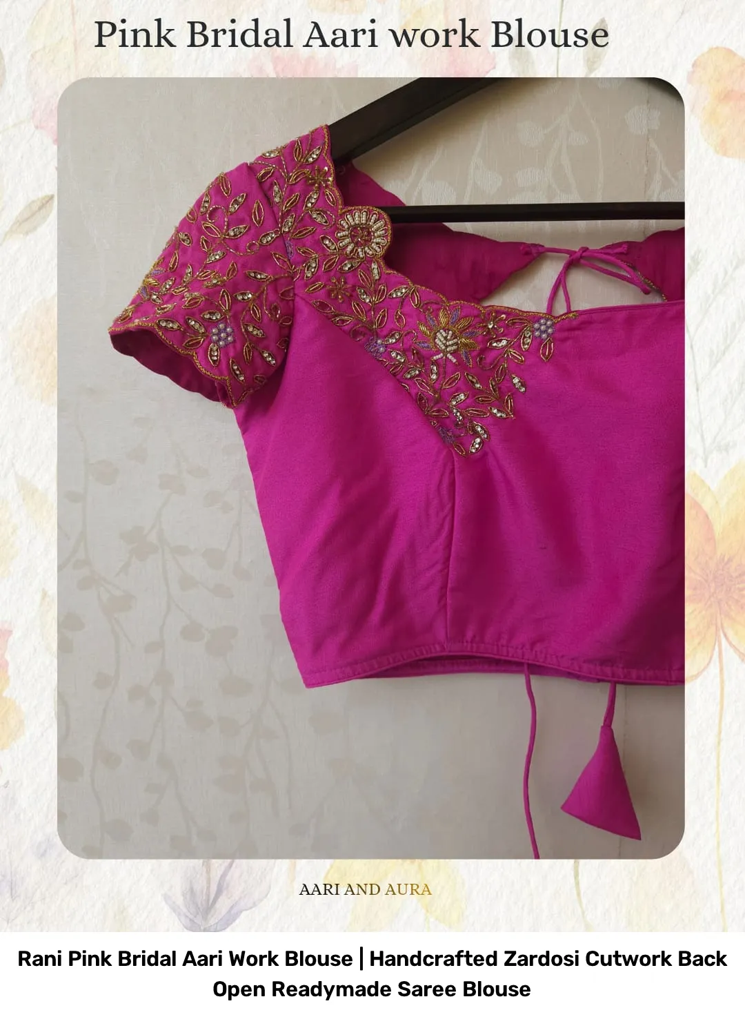 Rani Pink Bridal Aari Work Blouse | Handcrafted Zardosi Cutwork Back Open Readymade Saree Blouse 5