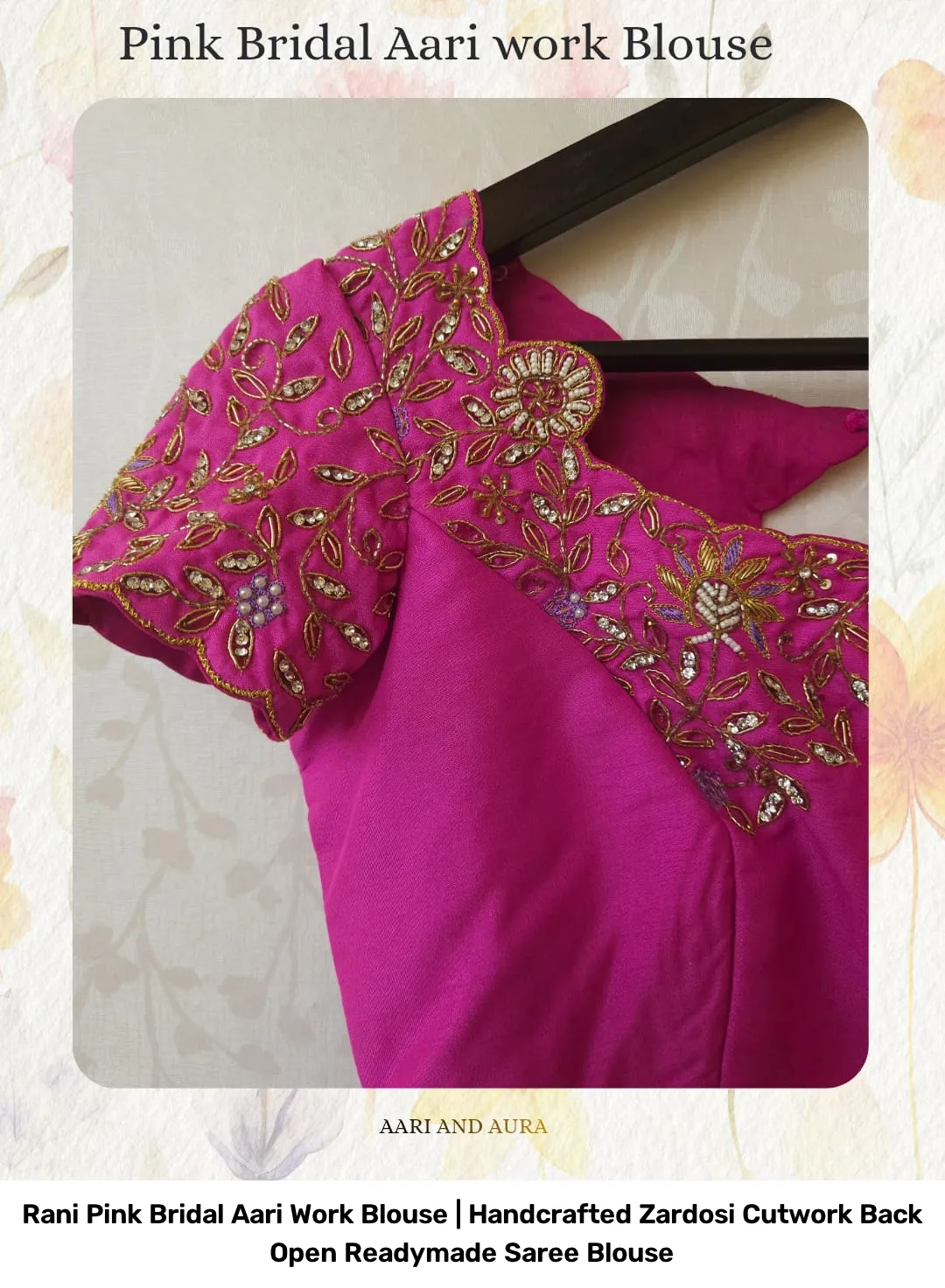 Rani Pink Bridal Aari Work Blouse | Handcrafted Zardosi Cutwork Back Open Readymade Saree Blouse 6