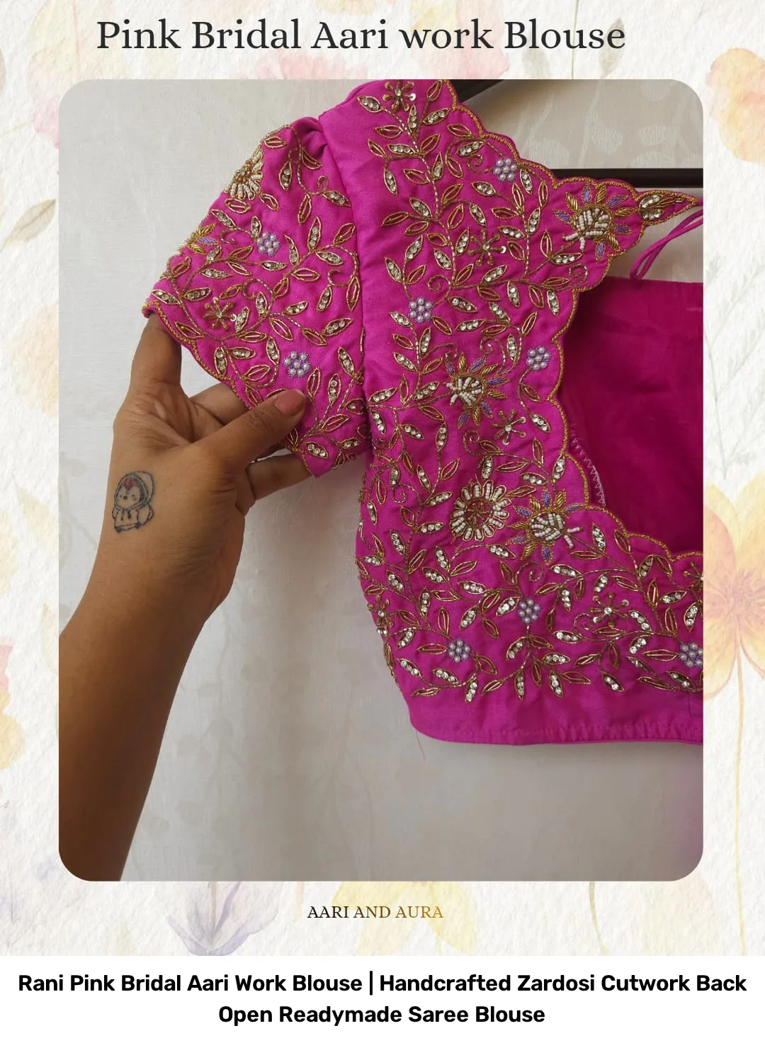 Rani Pink Bridal Aari Work Blouse | Handcrafted Zardosi Cutwork Back Open Readymade Saree Blouse 7