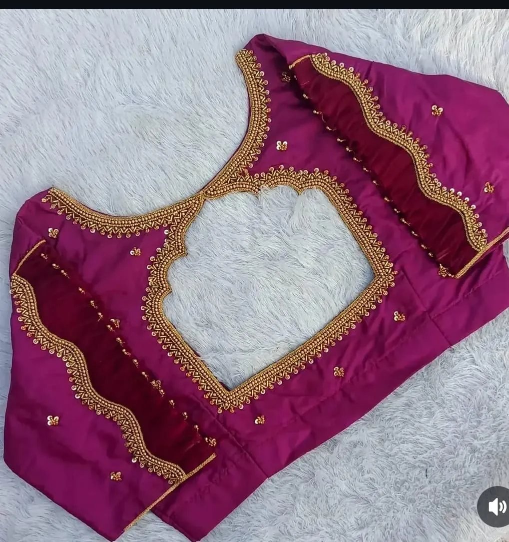 Rani Pink Bridal Blouse with Gold Beadwork | Heart Cut Keyhole Back | Contrast Maroon Sleeve Border