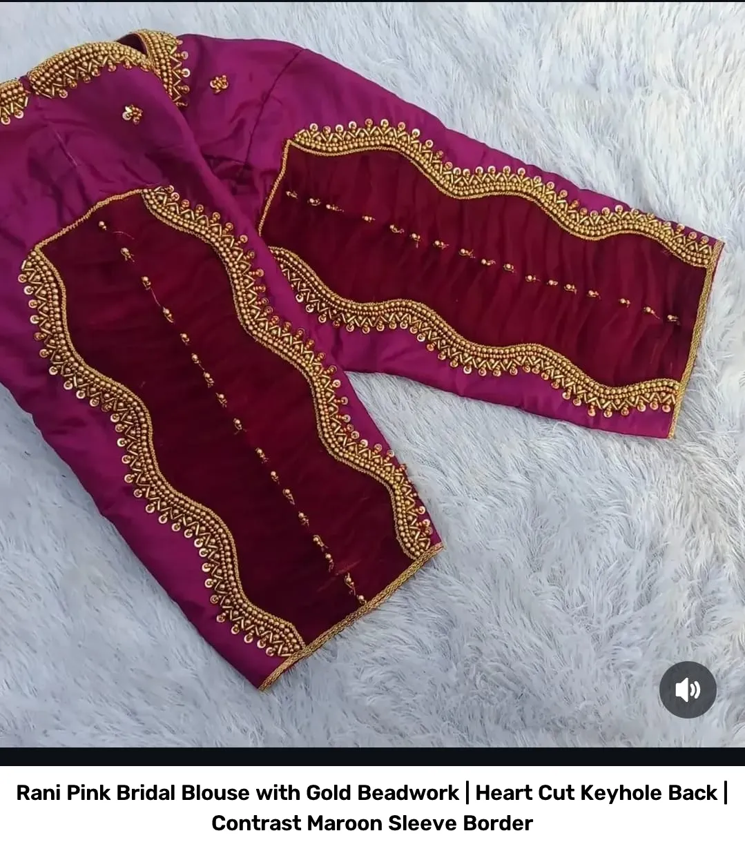 Rani Pink Bridal Blouse with Gold Beadwork | Heart Cut Keyhole Back | Contrast Maroon Sleeve Border 2