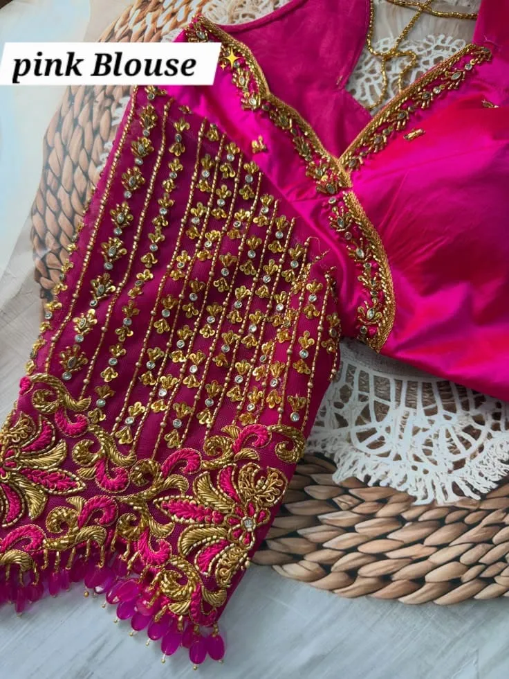Rani Pink Bridal Silk Blouse | Gold Zari Embroidered Sweetheart Neck & Net Sleeve Saree Blouse