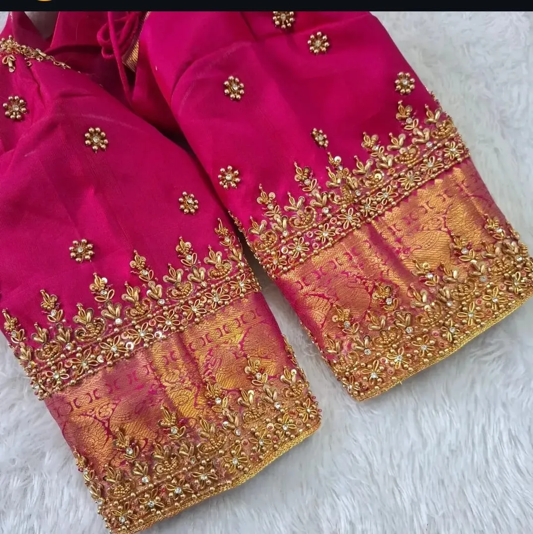 Rani Pink Bridal Silk Saree Blouse - Heavy Gold Aari Work, Scallop Border & Back Ties
