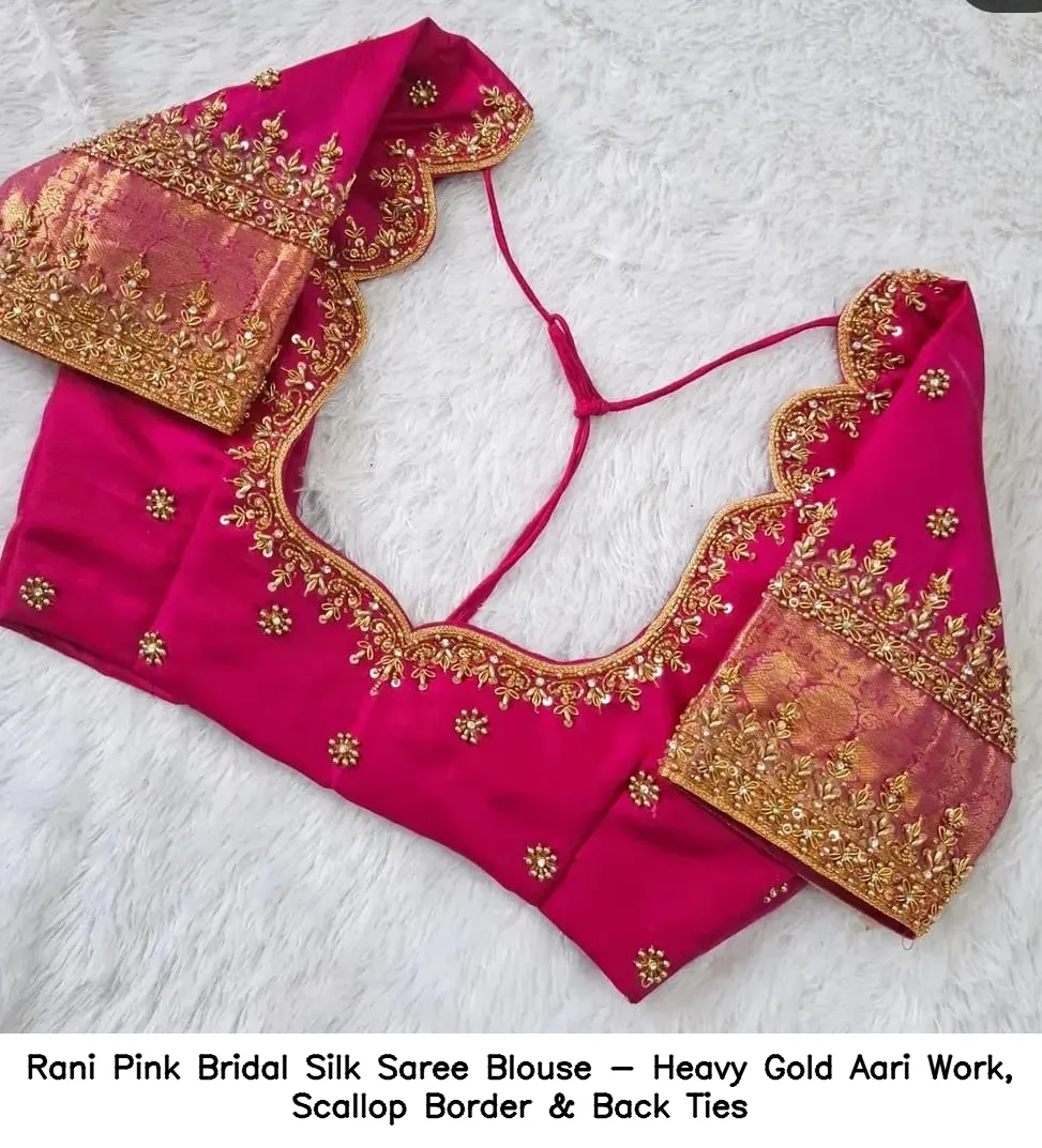 Rani Pink Bridal Silk Saree Blouse - Heavy Gold Aari Work, Scallop Border & Back Ties 2