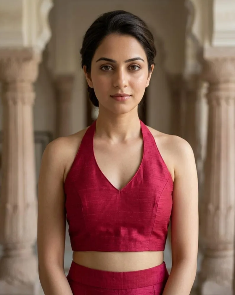 Rani Pink Halter Neck Readymade Blouse – Sleeveless Backless Silk Choli for Modern Sarees