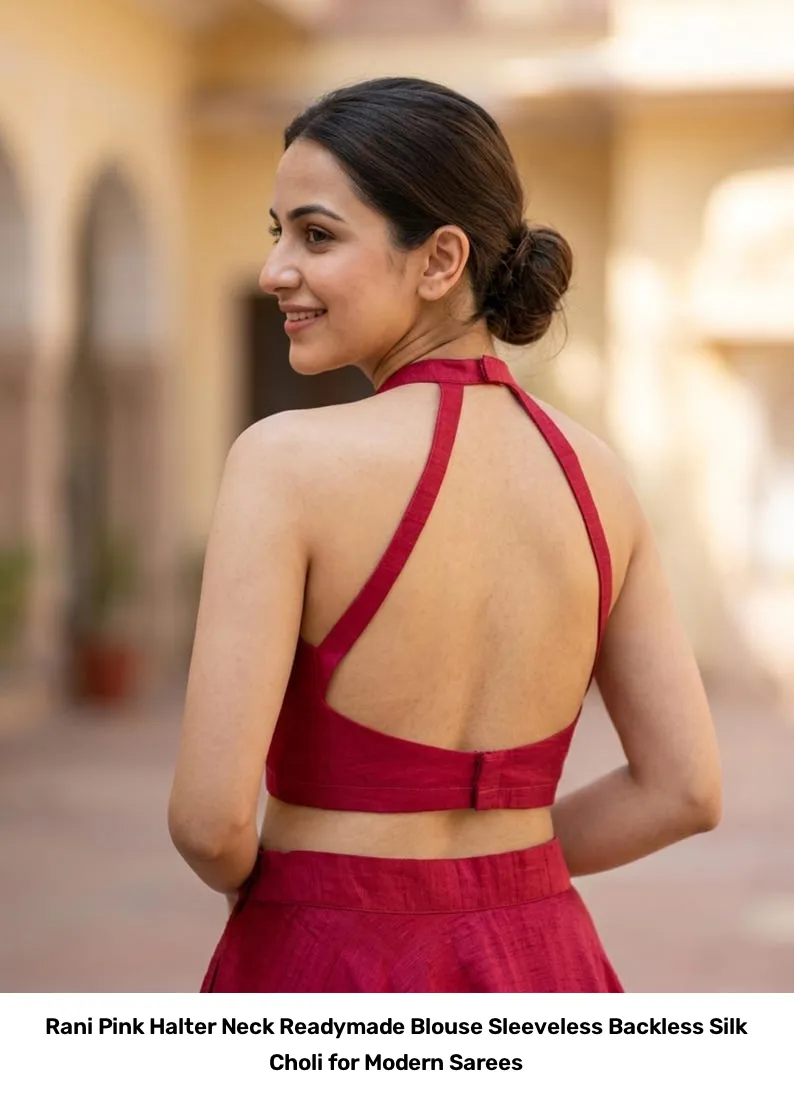 Rani Pink Halter Neck Readymade Blouse – Sleeveless Backless Silk Choli for Modern Sarees 2