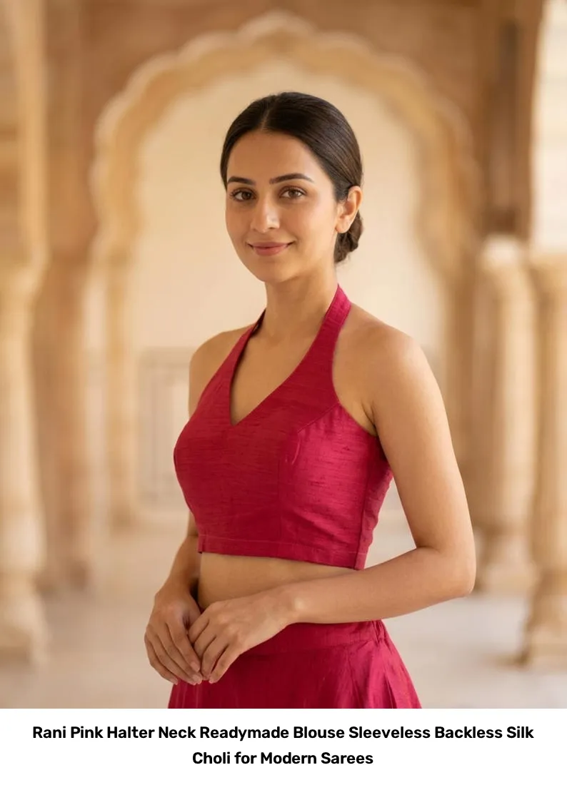 Rani Pink Halter Neck Readymade Blouse – Sleeveless Backless Silk Choli for Modern Sarees 3