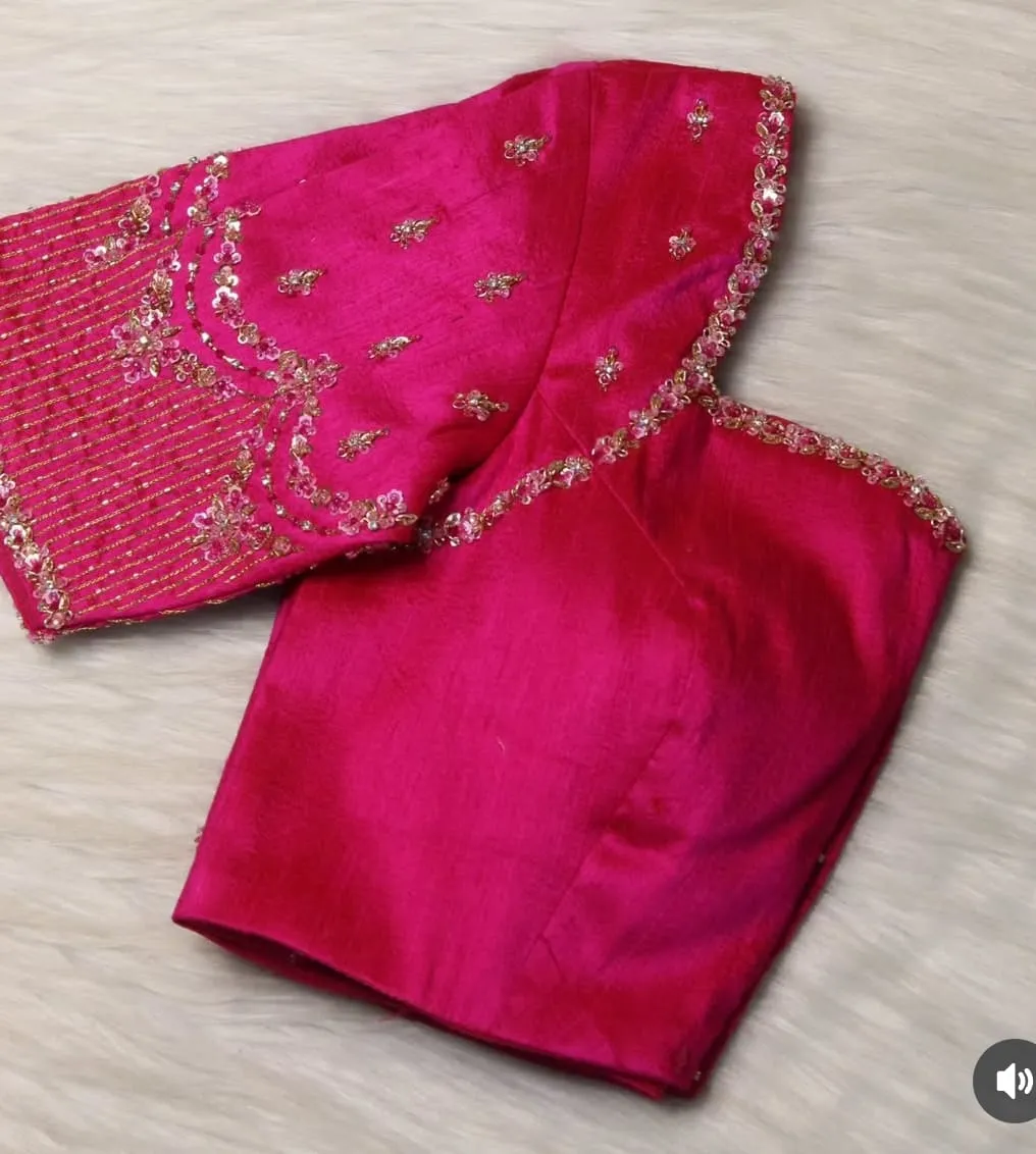 Rani Pink Hand Embroidered Silk Saree Blouse with Cut-Out Back Neck | Readymade Designer Bridal Blouse