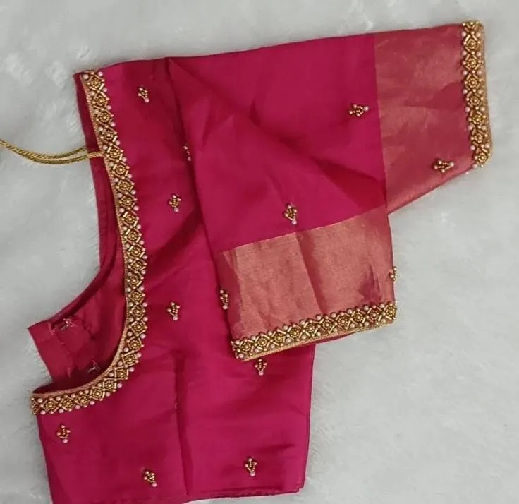 Rani Pink Maggam Work Blouse | Pearl & Zari Bead Border Handcrafted Silk Saree Blouse with Zari Tissue Sleeve 1