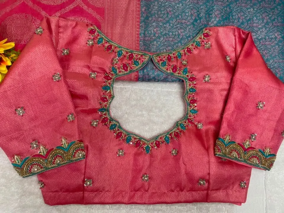 Rani Pink Maggam Work Blouse – Scallop Cutwork Back Neck & Sleeve Aari Embroidery Silk Saree Blouse 1