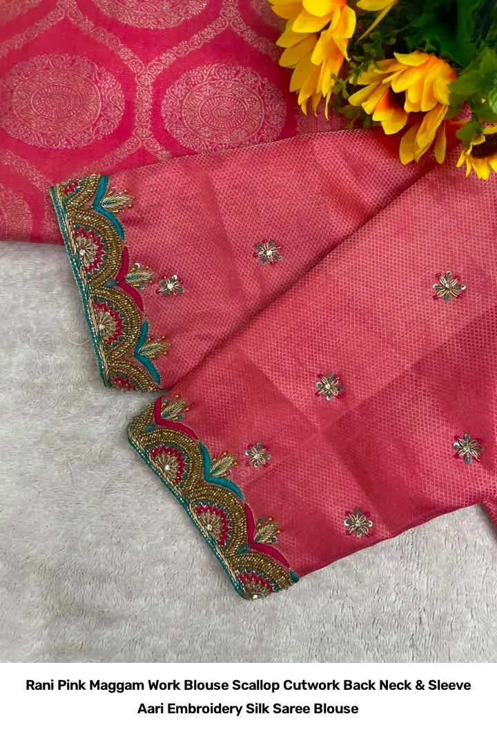 Rani Pink Maggam Work Blouse – Scallop Cutwork Back Neck & Sleeve Aari Embroidery Silk Saree Blouse 2