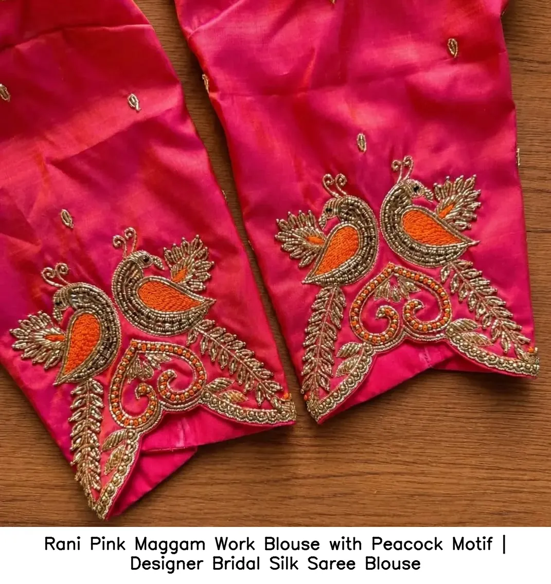 Rani Pink Maggam Work Blouse with Peacock Motif | Designer Bridal Silk Saree Blouse 2