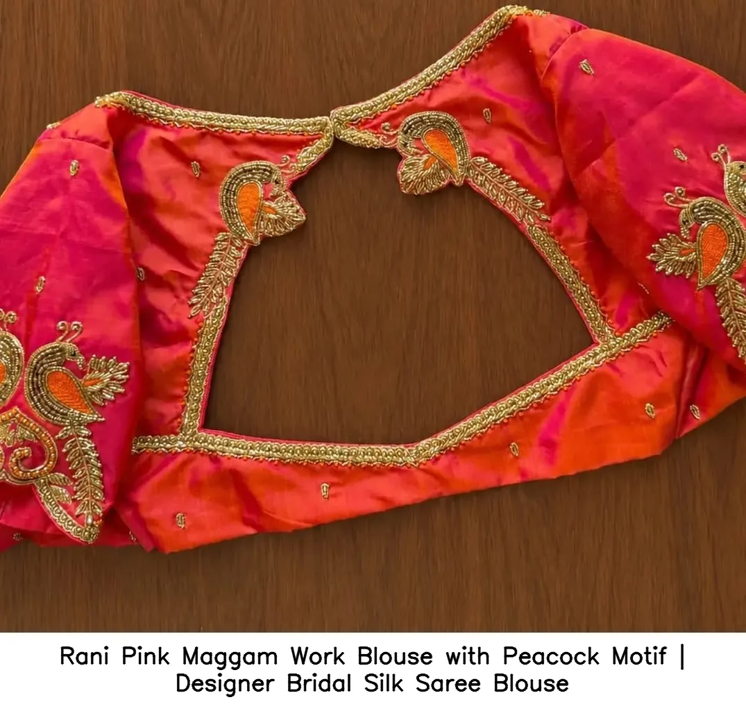 Rani Pink Maggam Work Blouse with Peacock Motif | Designer Bridal Silk Saree Blouse 3