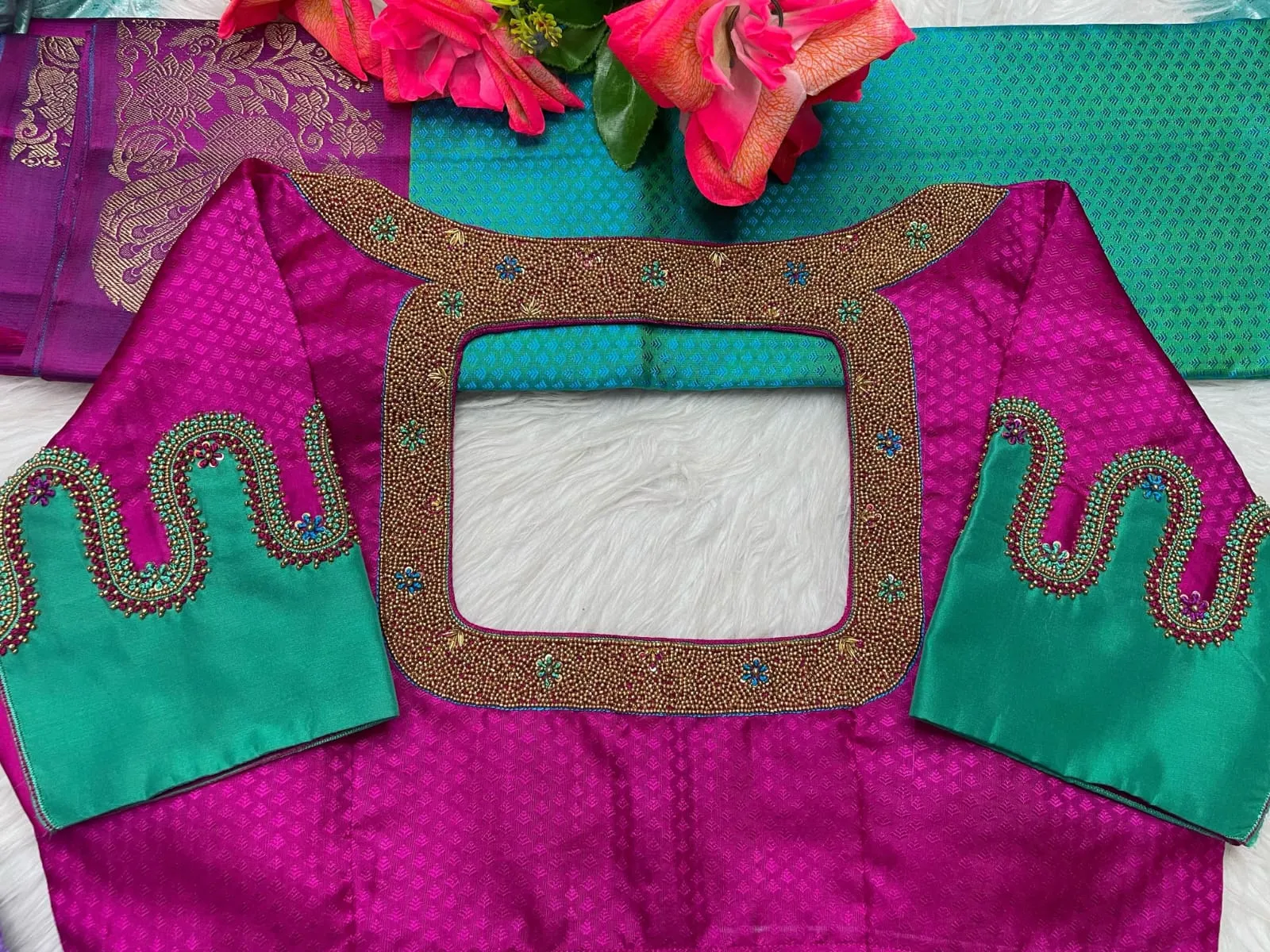 Rani Pink & Peacock Green Maggam Work Blouse – Heavy Micro-Bead Square Neck Aari Work Silk Saree Blouse 1