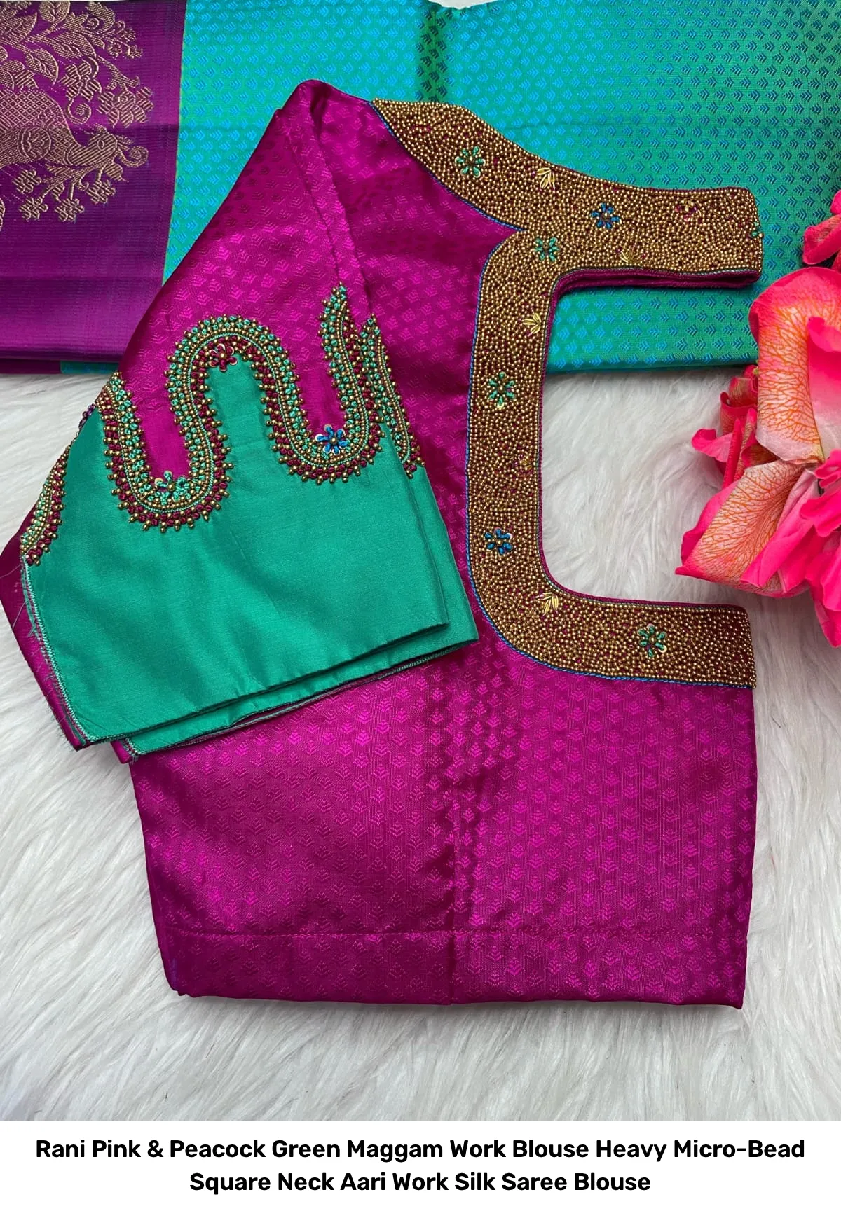 Rani Pink & Peacock Green Maggam Work Blouse – Heavy Micro-Bead Square Neck Aari Work Silk Saree Blouse 2