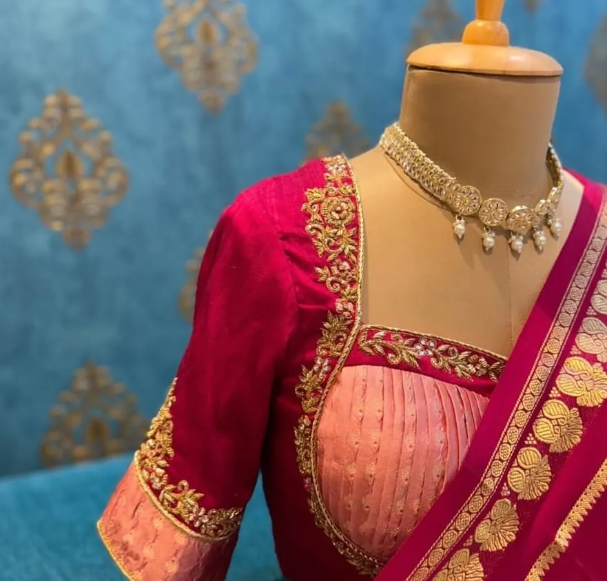 Rani Pink Pleated Bust Designer Saree Blouse | Gold Zardosi Work Readymade Silk Blouse 1