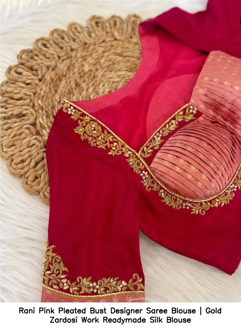 Rani Pink Pleated Bust Designer Saree Blouse | Gold Zardosi Work Readymade Silk Blouse 2