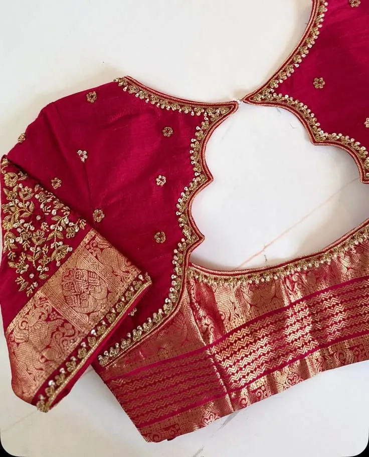 Rani Pink Pure Silk Maggam Work Blouse | Handcrafted Zari Border & Cutwork Back Neck Bridal Saree Blouse