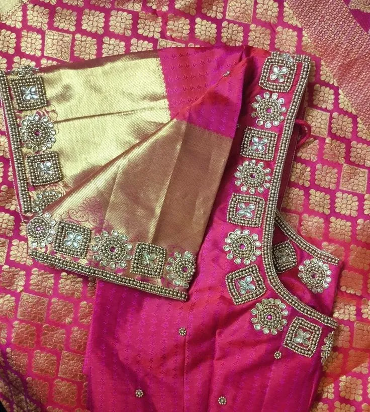 Rani Pink Pure Silk Saree Blouse with Kundan & Zardozi Border | Heavy Maggam Work Bridal Blouse