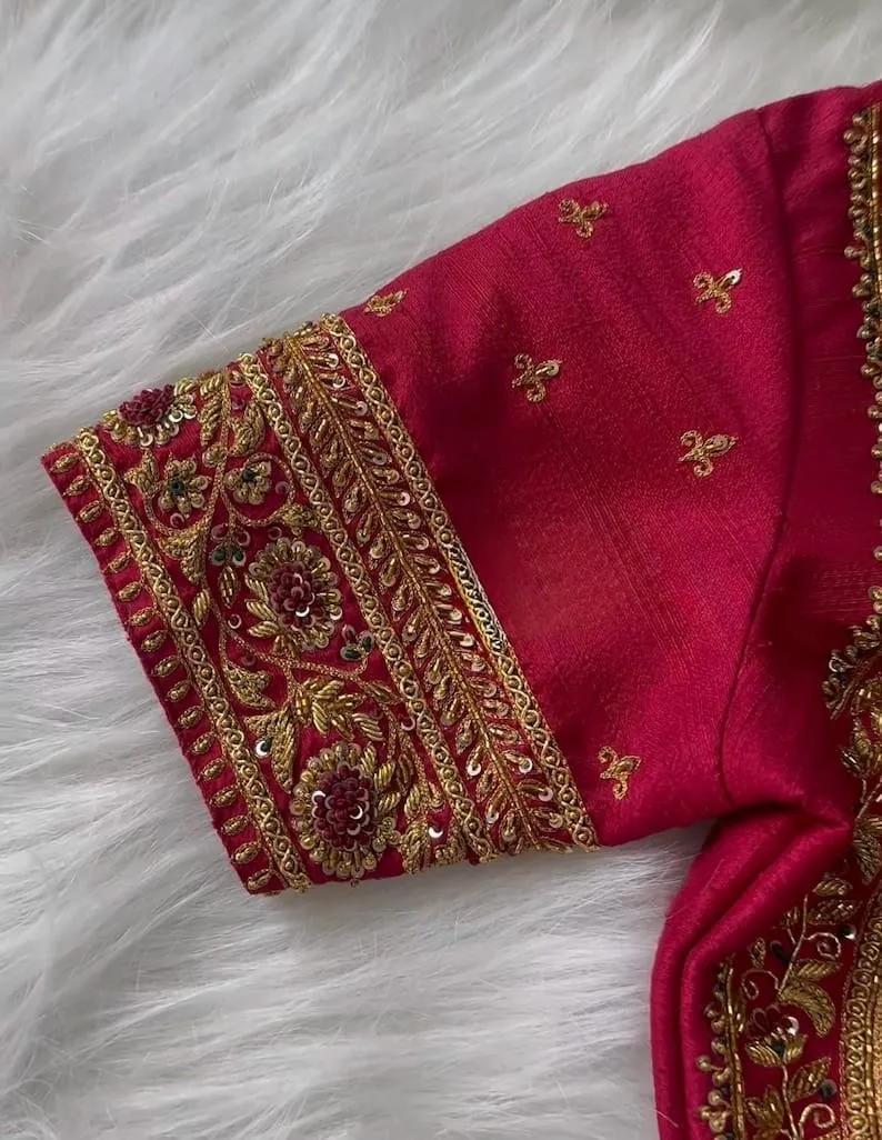 Rani Pink Raw Silk Bridal Blouse - Gold Zardosi Floral Border Sweetheart Neck Saree Blouse 1