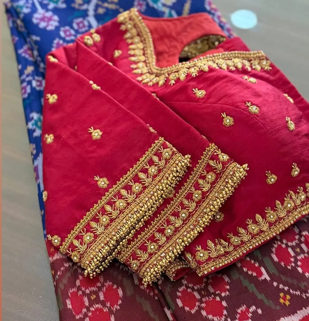 Rani Pink Raw Silk Bridal Blouse | Heavy Maggam Embroidery with Antique Gold Floral Vines & Bead Drops