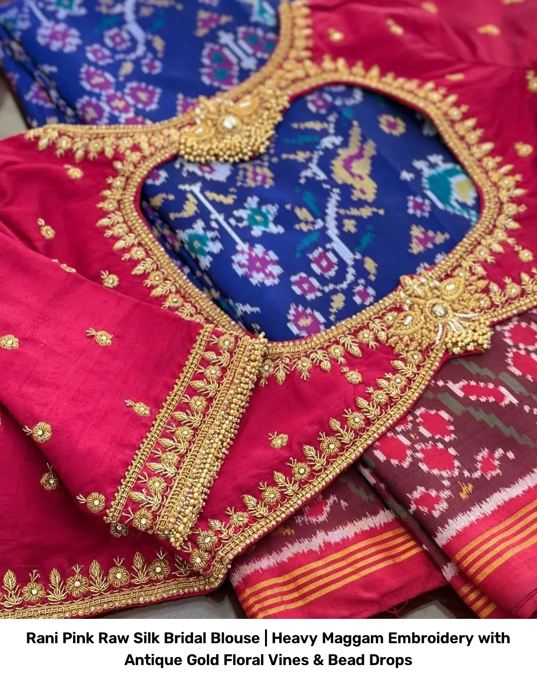 Rani Pink Raw Silk Bridal Blouse | Heavy Maggam Embroidery with Antique Gold Floral Vines & Bead Drops 3