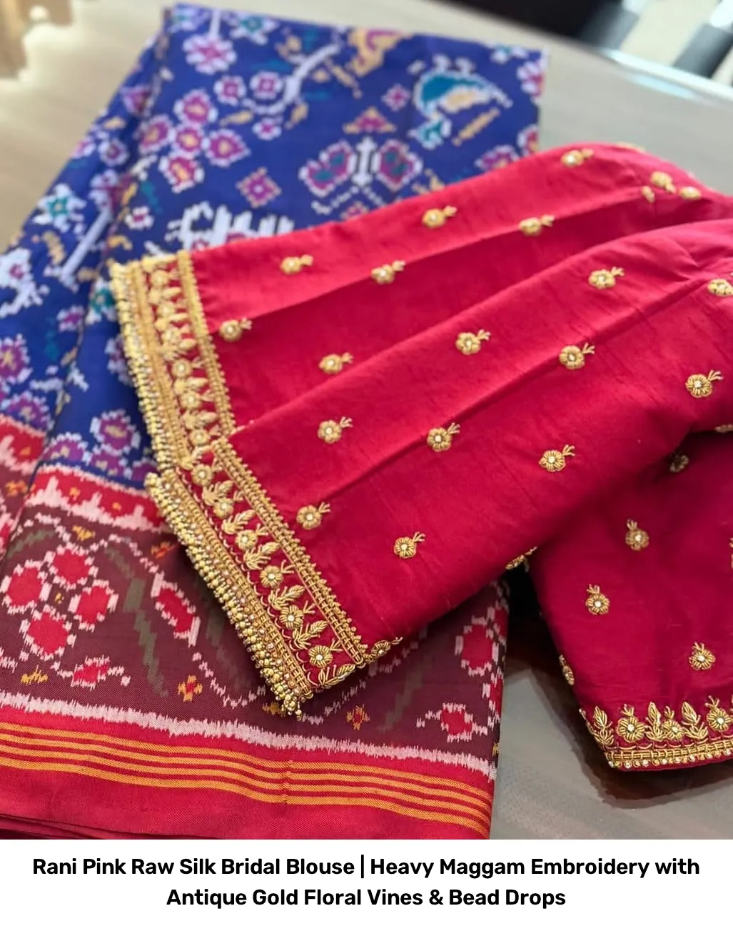 Rani Pink Raw Silk Bridal Blouse | Heavy Maggam Embroidery with Antique Gold Floral Vines & Bead Drops 5