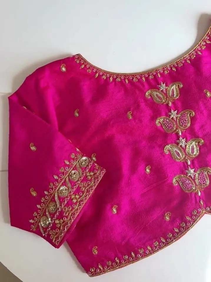 Rani Pink Raw Silk Maggam Work Blouse - Gold Zardosi Paisley Motif Saree Blouse 1