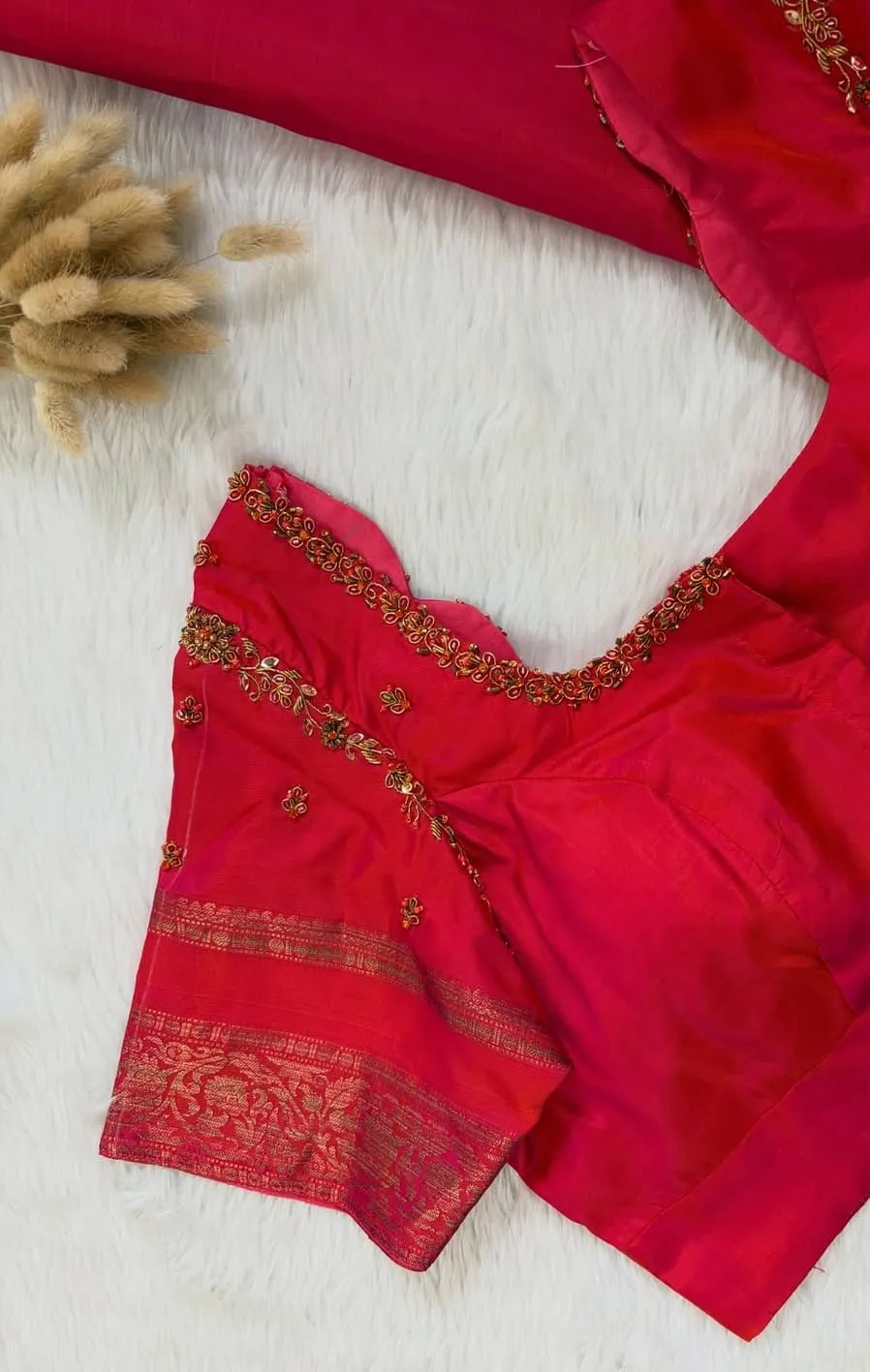 Rani Pink Raw Silk Maggam Work Blouse | Handcrafted Scallop Neck & Shoulder Floral Vine Embroidered Saree Blouse
