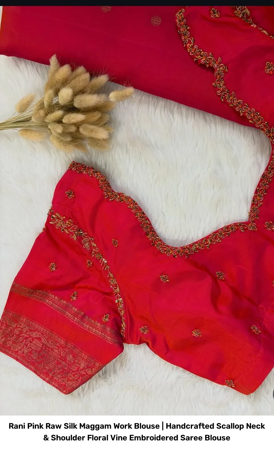 Rani Pink Raw Silk Maggam Work Blouse | Handcrafted Scallop Neck & Shoulder Floral Vine Embroidered Saree Blouse 2