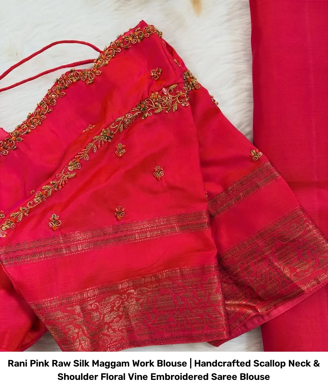 Rani Pink Raw Silk Maggam Work Blouse | Handcrafted Scallop Neck & Shoulder Floral Vine Embroidered Saree Blouse 3