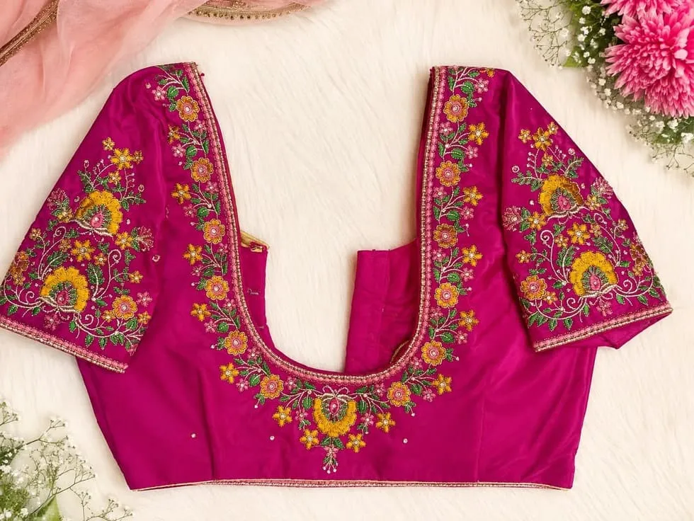 Rani Pink Silk Blouse with Yellow Floral Maggam Embroidery & Stone Work | Computer Work Blouse with U-Neck Design | Customizable Colour & Size